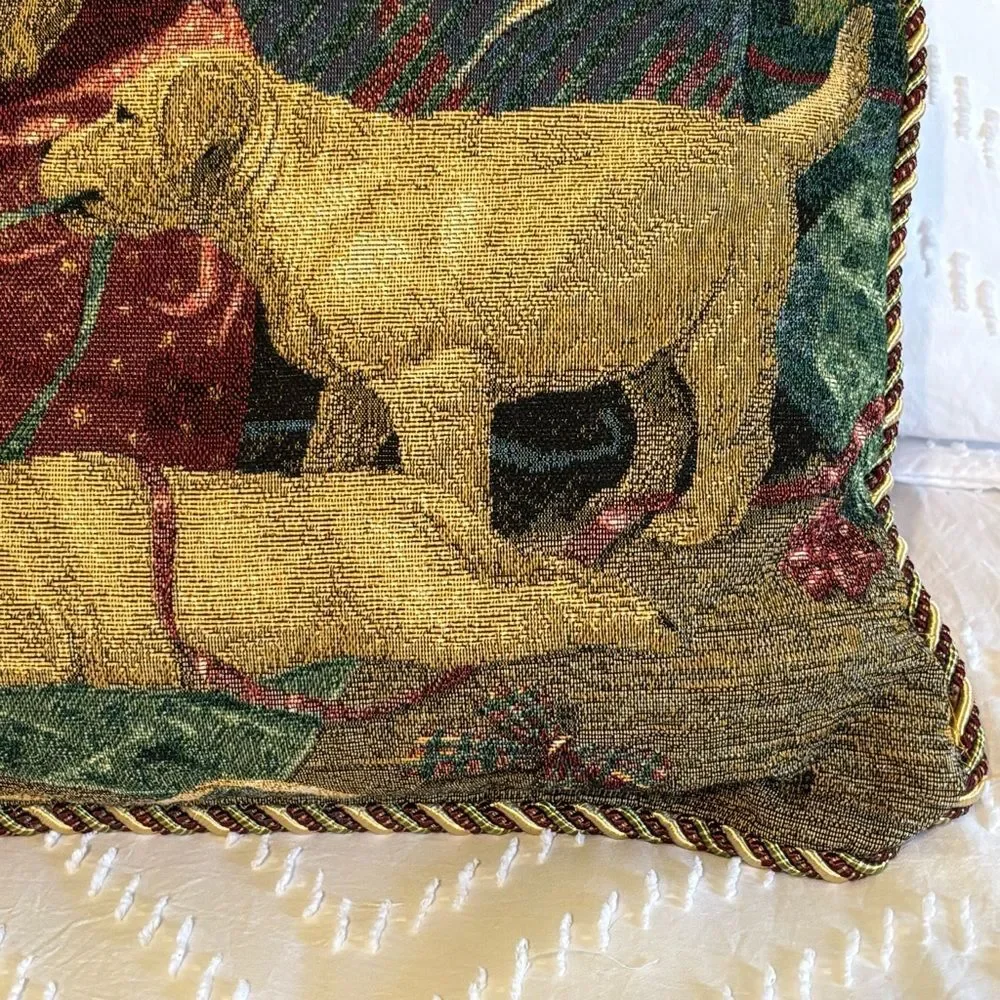 Vintage Lab Puppies Dogs Christmas Tapestry Throw Pillow By Mia Lane 16”x16”